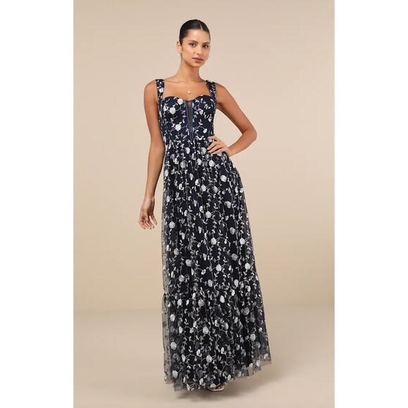 NWT Lulu's Embroidered Navy Blue Floral Gown - Picture 1 of 10